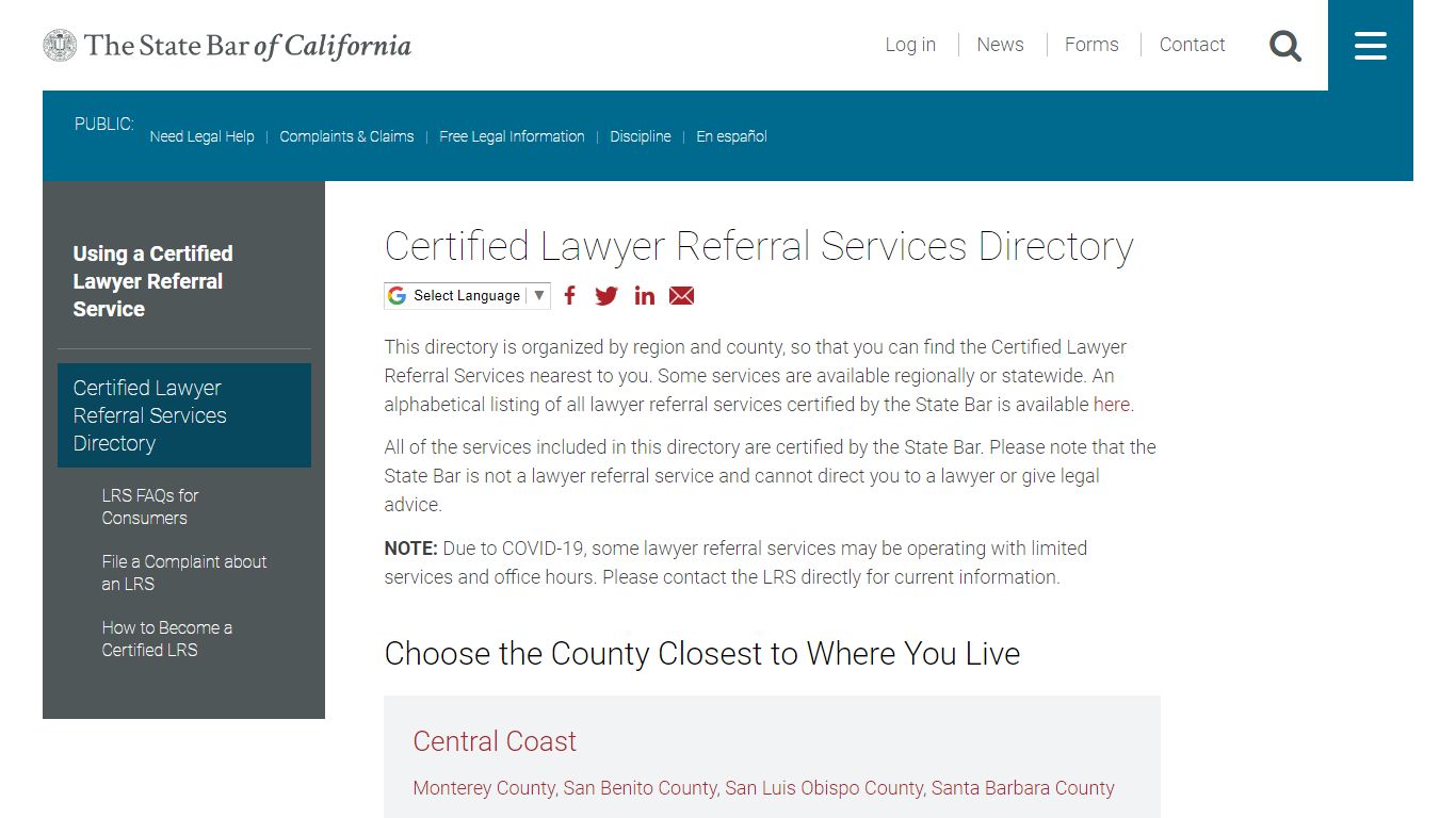 Certified Lawyer Referral Services Directory - California